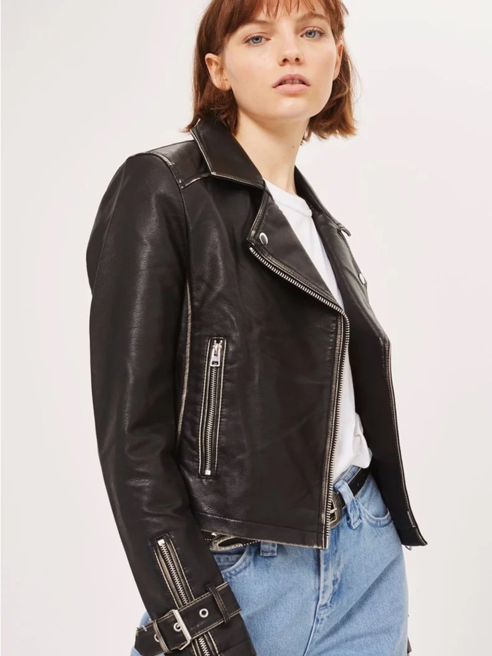 Topshop Black Leather Biker Jacket Silver Hardware Moto Womens 4 Mobwife Alt